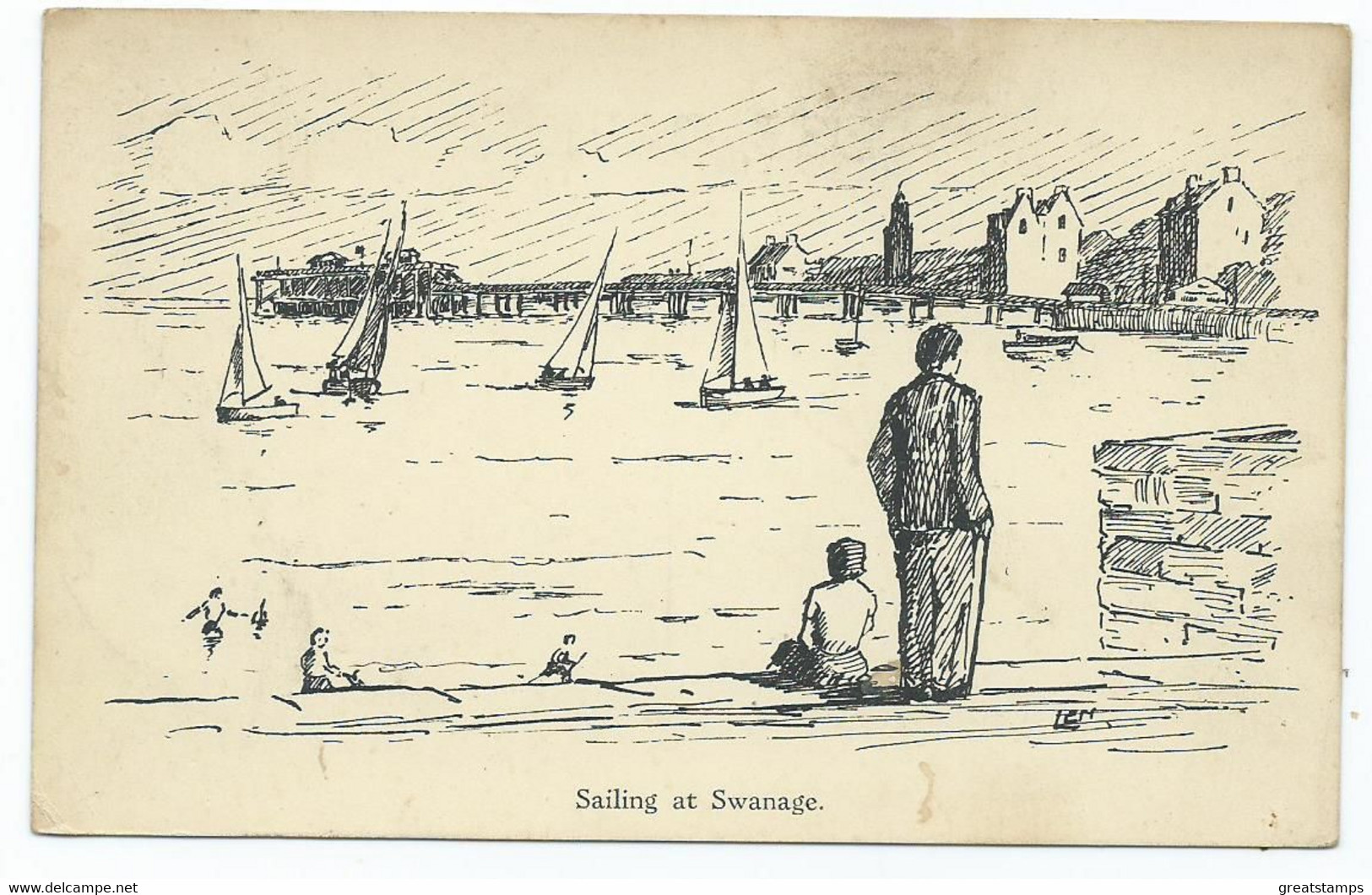 Postcard Dorset Sailing At Swanage Etching Unused - Swanage