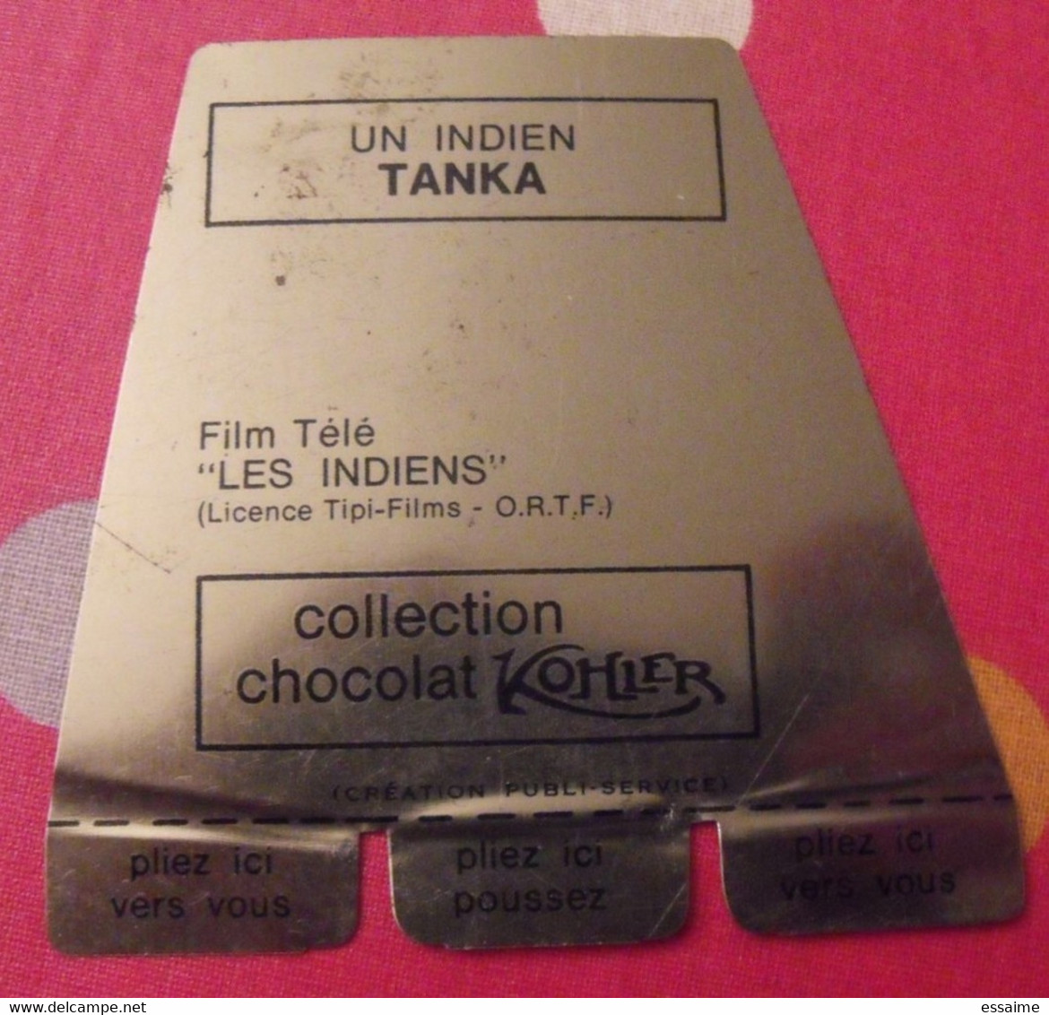 Plaquette Métal Chocolat Kohler "les Indiens". Publi-service. Un Indien Tanka. Vers 1960-70. Image Tôle Plaque - Placas En Aluminio (desde 1961)