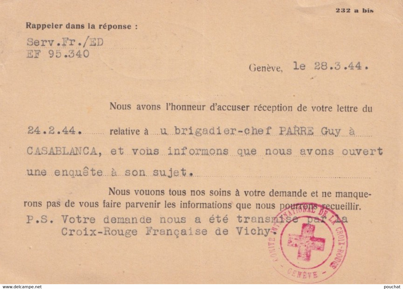 COMITE INTERNATIONAL CROIX ROUGE - AGENCE CENTRALE DES PRISONNIERS DE GUERRE 1944 - TAMPON - GEPRUFT - BERGERAC - WW2 - Croce Rossa
