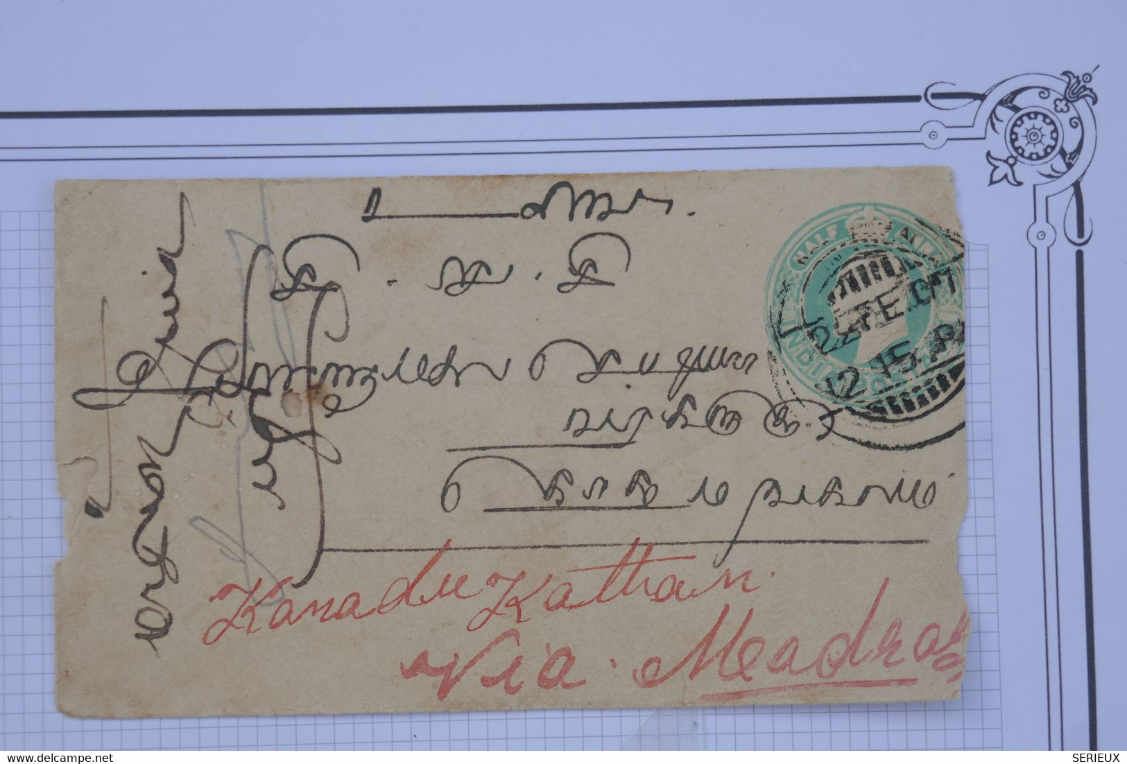 BD11 INDIA    BELLE LETTRE ENV. 1909 + ++A  VOIR ++A  ? VIA MADRAS  +AFFRANCH. INTERESSANT - 1902-11 Koning Edward VII