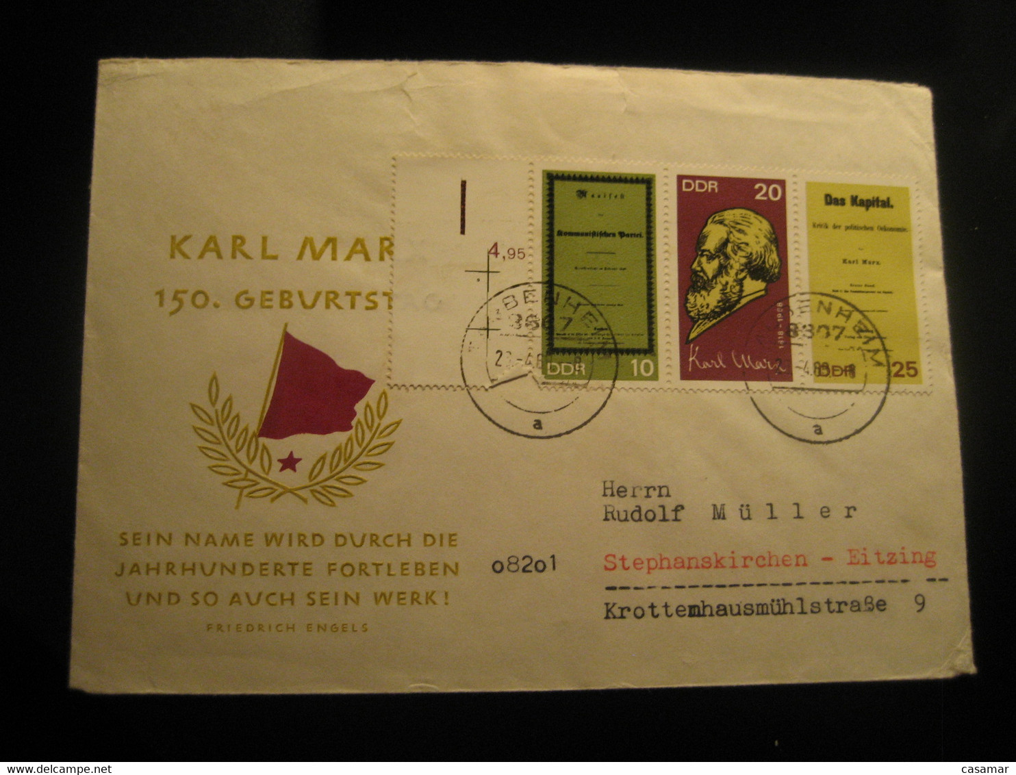 TAUBENHEIM 1968 To Eitzing Karl Marx Communism Philosophy Stamp On Cancel Cover DDR GERMANY - Karl Marx