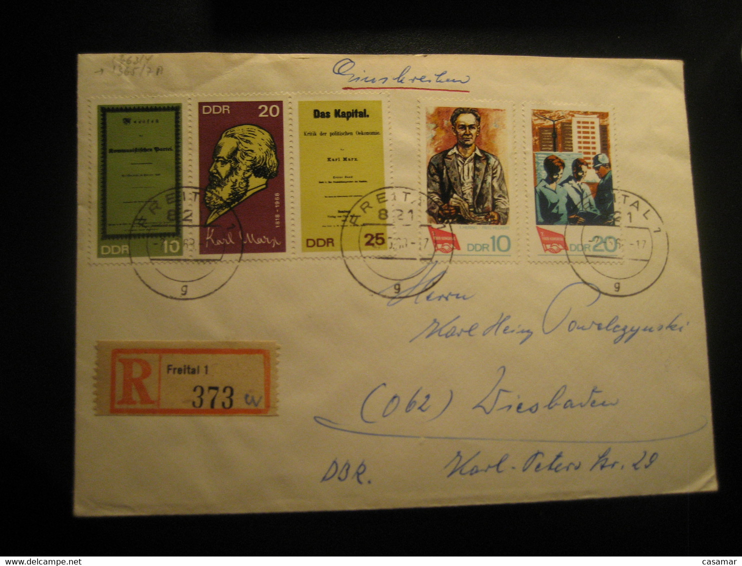 FREITAL 1968 To Wiesbaden Karl Marx Communism Philosophy Stamp On Registered Cancel Cover DDR GERMANY - Karl Marx