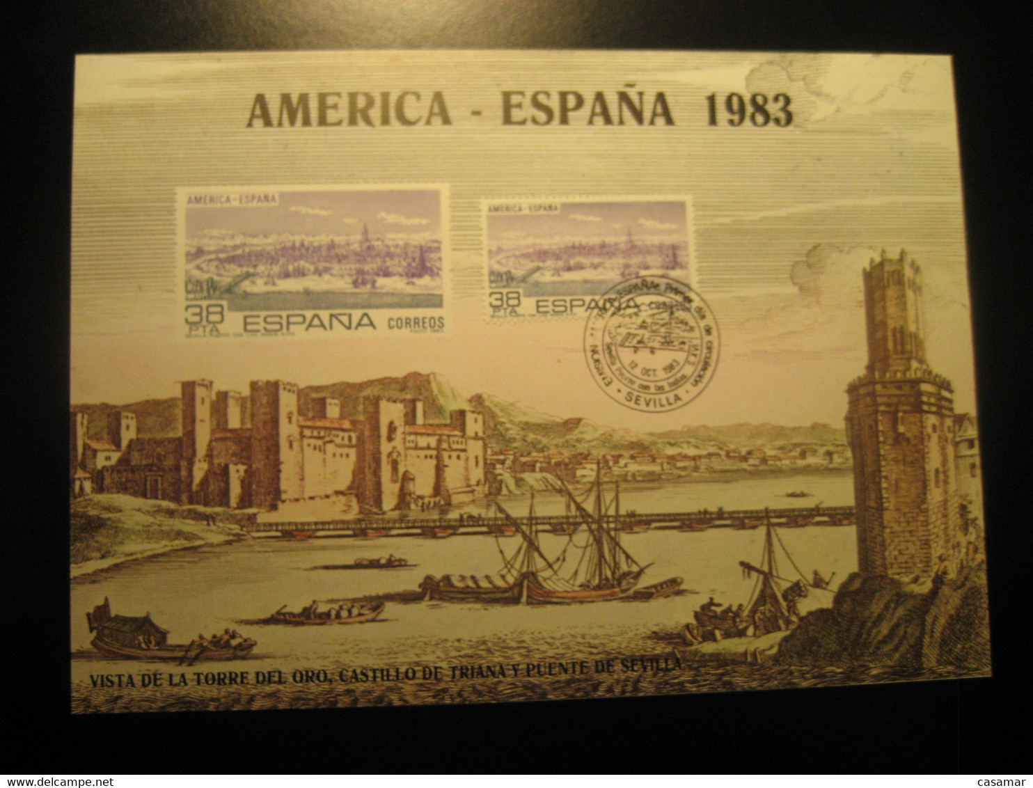 SEVILLA 1983 Puerto Con Las Indias Torre Del Oro Bridge Castle Cancel Big Card Proof SPAIN Document - Essais & Réimpressions
