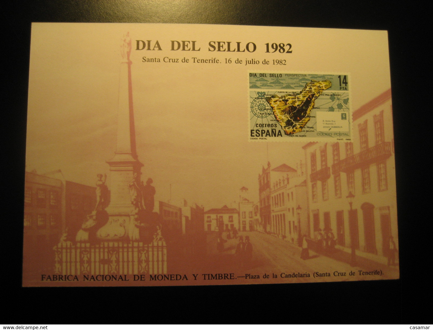 SANTA CRUZ DE TENERIFE Canarias 1982 Exfilna Plaza De La Candelaria Map Geography Big Card Proof SPAIN Document - Probe- Und Nachdrucke