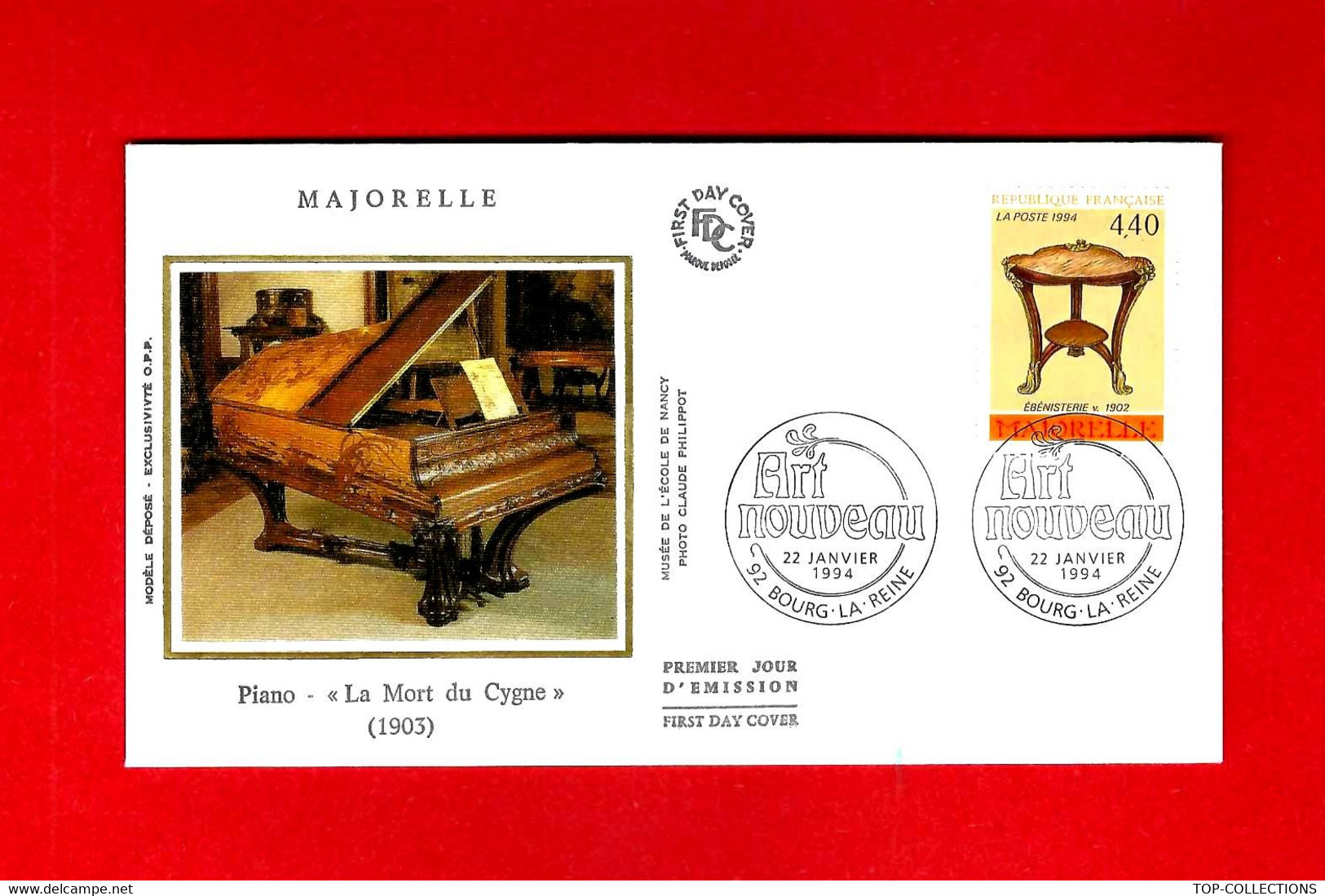 PUBLICITE ART NOUVEAU ENVELOPPE 1er Jour 1994  MAJORELLE  EBENISTERIE  PIANO LA MORT DU CYGNE 1903 - Collezioni