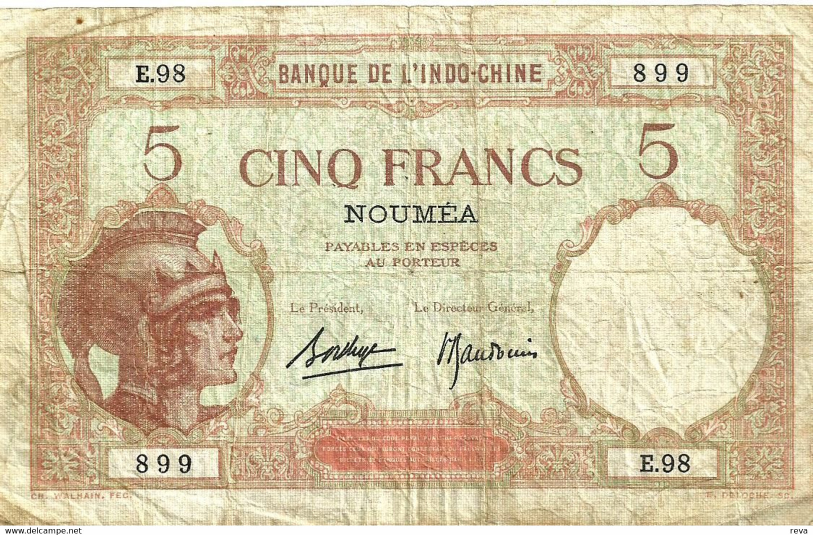 NEW CALEDONIA 5 FRANCS BROWN WOMAN HEAD FRONT MOTIF BACK NOT DATED(1926) P36a 1ST SIG VARIETY F+ READ DESCRIPTION!! - Nouméa (Nuova Caledonia 1873-1985)