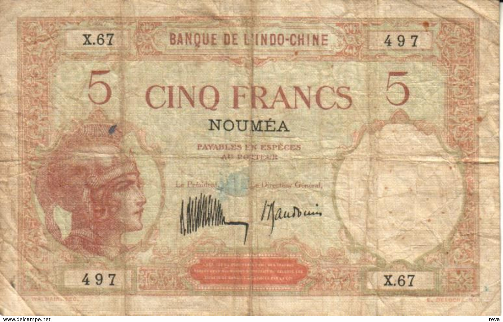 NEW CALEDONIA 5 FRANCS BROWN WOMAN HEAD FRONT MOTIF BACK NOT DATED(1926) P36a 1ST SIG VARIETY F+ READ DESCRIPTION!! - Nouméa (New Caledonia 1873-1985)