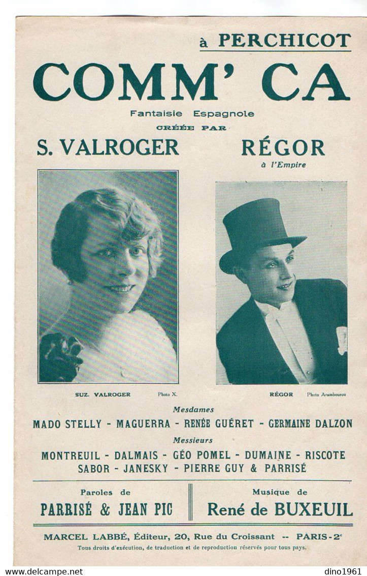 VP20.380 - PARIS - Ancienne Partition Musicale ¨ Comm' Ca ¨ Paroles De PARRISE & Jean PIC / Musique De René De BUXEUIL - Noten & Partituren