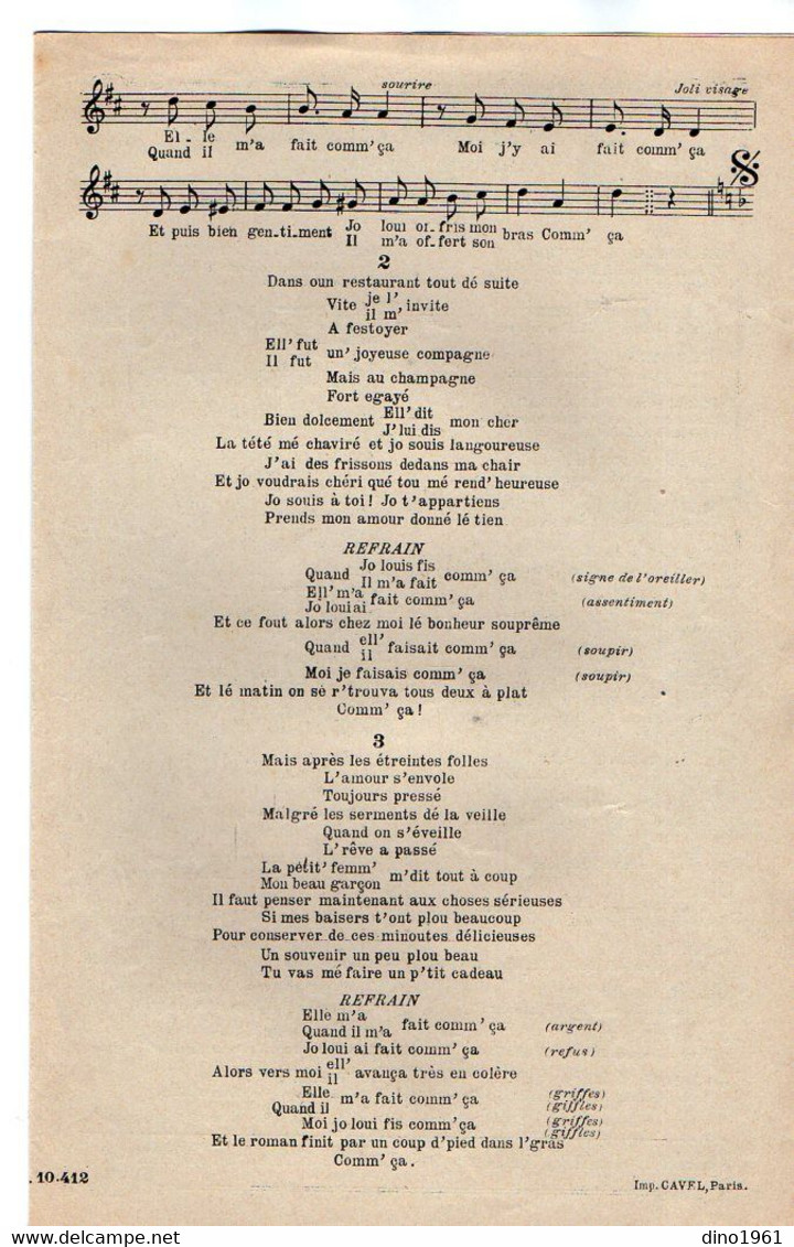 VP20.380 - PARIS - Ancienne Partition Musicale ¨ Comm' Ca ¨ Paroles De PARRISE & Jean PIC / Musique De René De BUXEUIL - Noten & Partituren