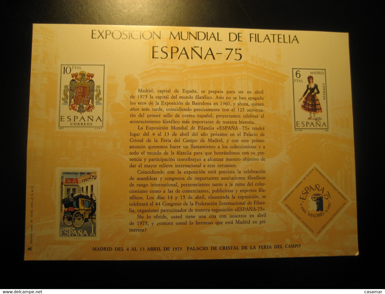 MADRID 1975 Expo Fil World Philatelic Exposition Big Card Proof SPAIN Document - Probe- Und Nachdrucke