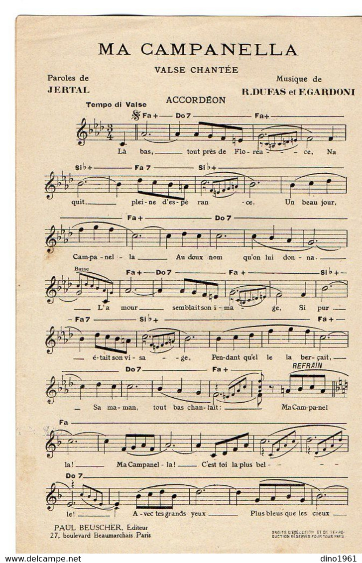 VP20.381 - PARIS - Ancienne Partition Musicale ¨ Ma Campanella ¨ Par F. GOUIN / Paroles De JERTAL / Musique De DUFAS ... - Partitions Musicales Anciennes