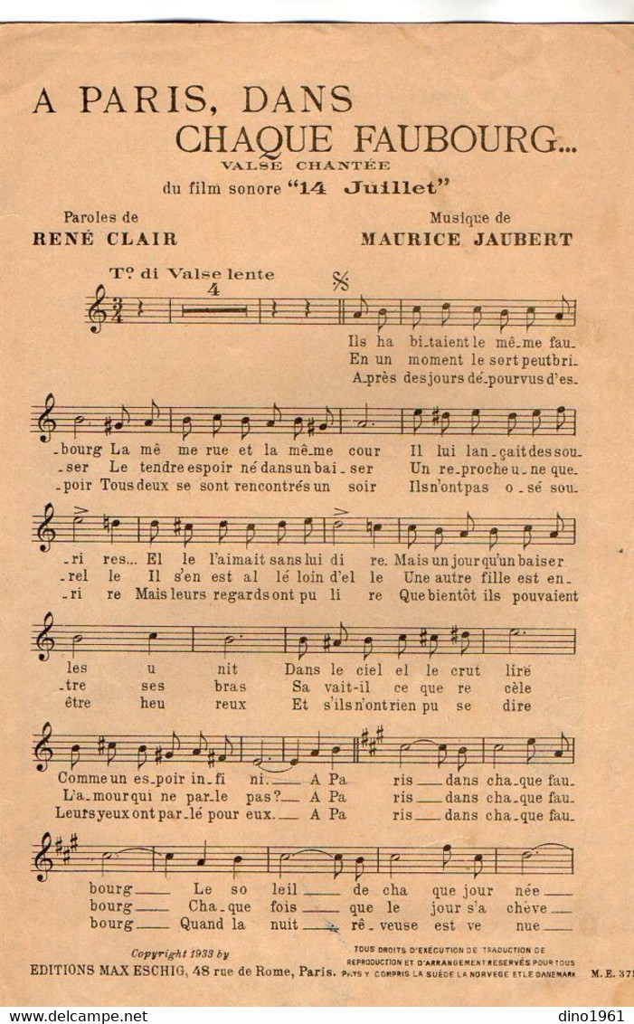 VP20.383 - PARIS - Ancienne Partition Musicale ¨ A Paris Dans Chaque Faubourg ¨ Paroles De R. CLAIR / Musique De JAUBERT - Partitions Musicales Anciennes