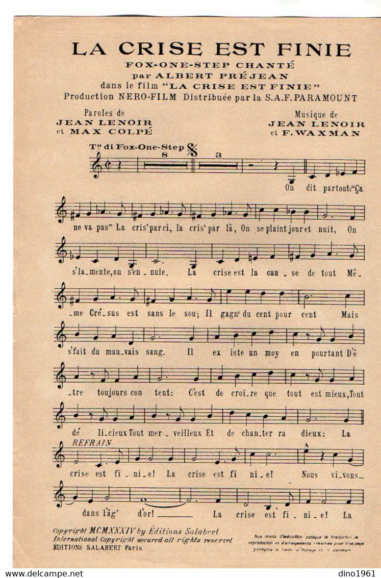 VP20.384 - PARIS - Ancienne Partition Musicale ¨ La Crise Est Finie ¨ Paroles De LENOIR X COLPE / Musique De WAXMAN .... - Spartiti