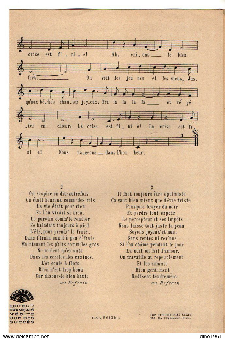VP20.384 - PARIS - Ancienne Partition Musicale ¨ La Crise Est Finie ¨ Paroles De LENOIR X COLPE / Musique De WAXMAN .... - Partituren