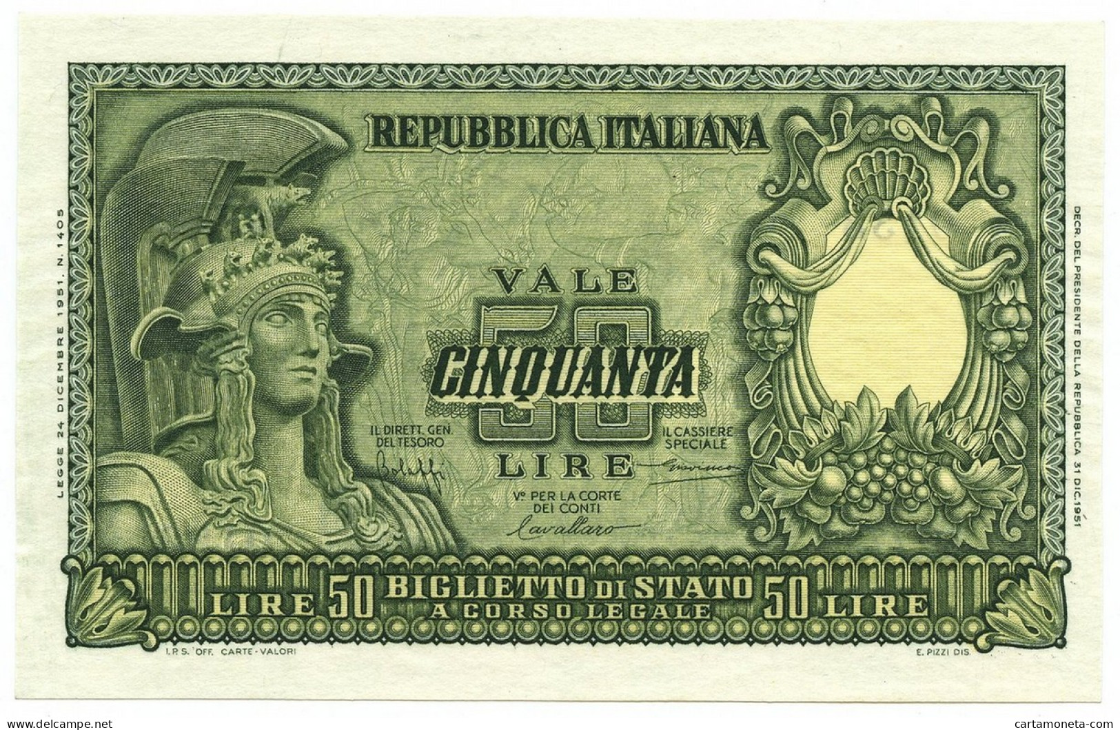 50 LIRE BIGLIETTO DI STATO ITALIA ELMATA BOLAFFI 31/12/1951 FDS-/FDS - Sonstige & Ohne Zuordnung