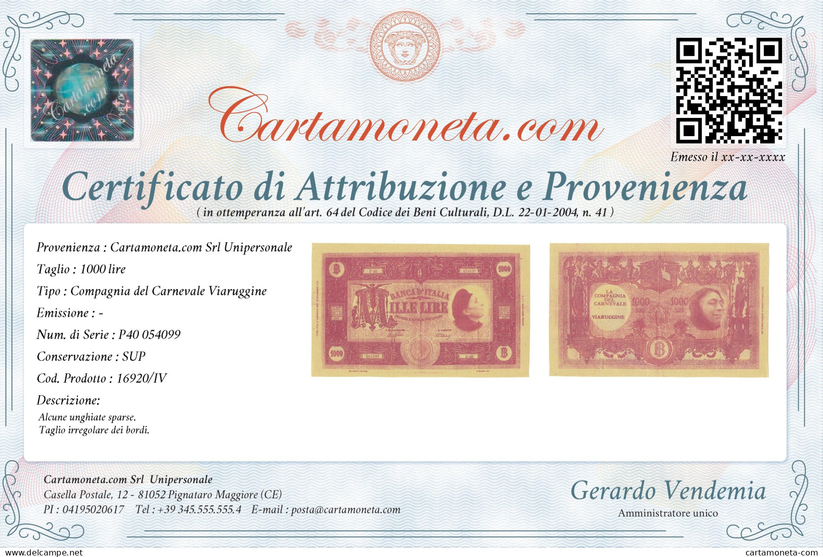 1000 LIRE BIGLIETTO PUBBLICITARIO COMPAGNIA DEL CARNEVALE VIARUGGINE SUP - [ 7] Fautés & Variétés