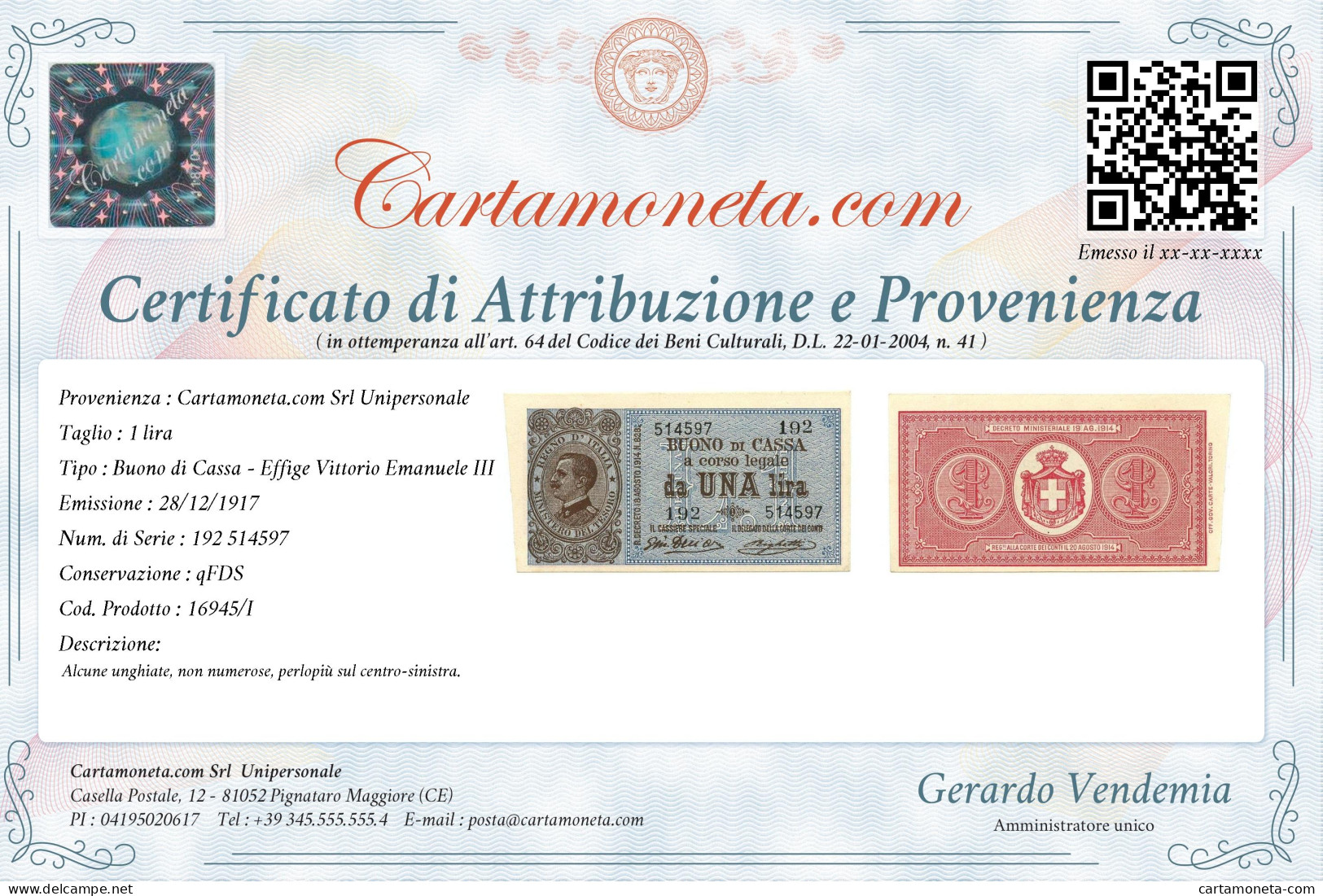 1 LIRA BUONO DI CASSA EFFIGE VITTORIO EMANUELE III 28/12/1917 QFDS - Andere