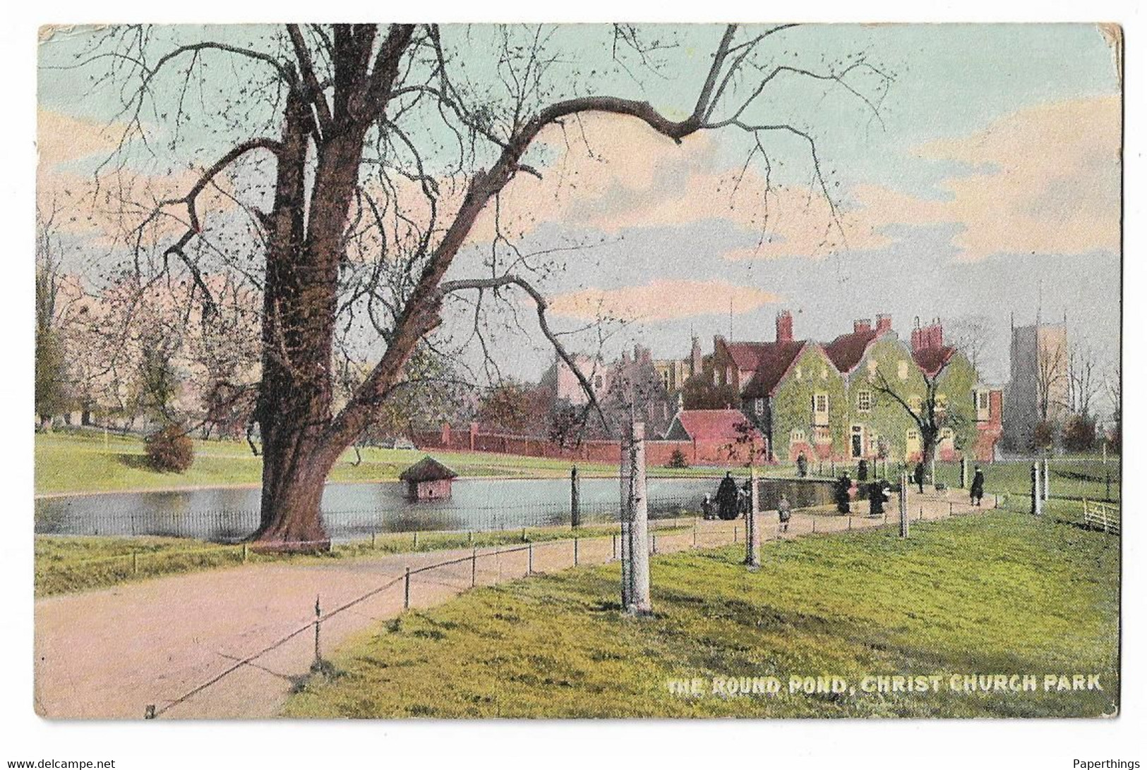 Postcard, Ipswich, Christchurch Park, The Round Pond, Footpath, House, People, 1904. - Ipswich