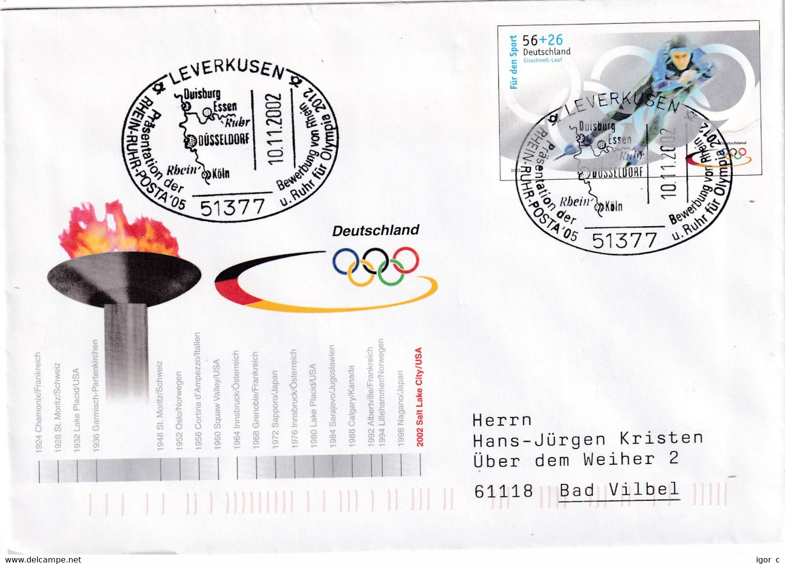 Germany 2002 Postal Stationery Cover; Winter Olympic Games History Rhein-Rhur Posta '05 Leverkusen; Candidature; Skating - Summer 1896: Athens