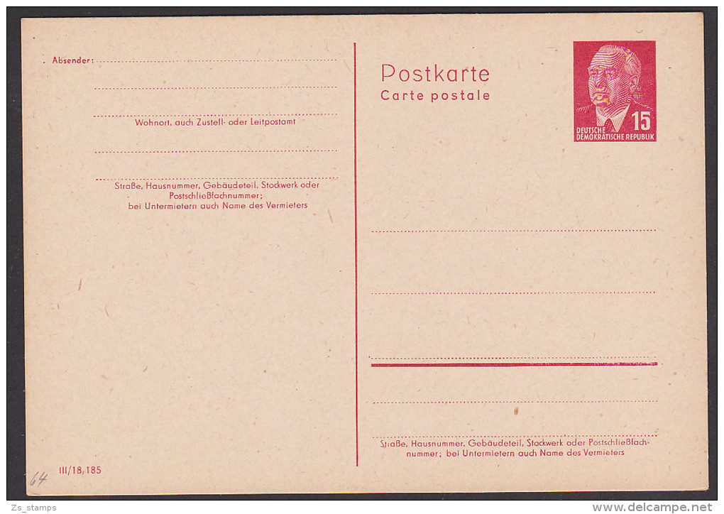 DDR Ganzsache 15 Pf. P64II Ungebraucht, Wilhelm Pieck, Allemagne Germany - Postcards - Mint