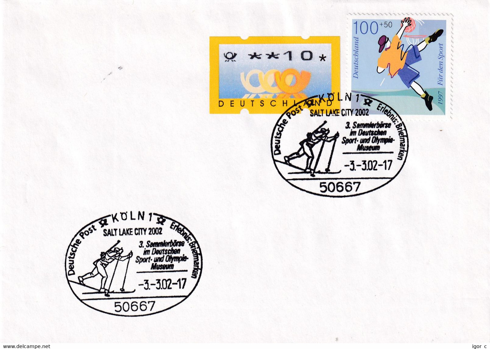 Germany 2002 Cover; Olympic Games Salt Lake City Biathlon Cancellation; Basketball Stamp; Frama Label - Hiver 2002: Salt Lake City