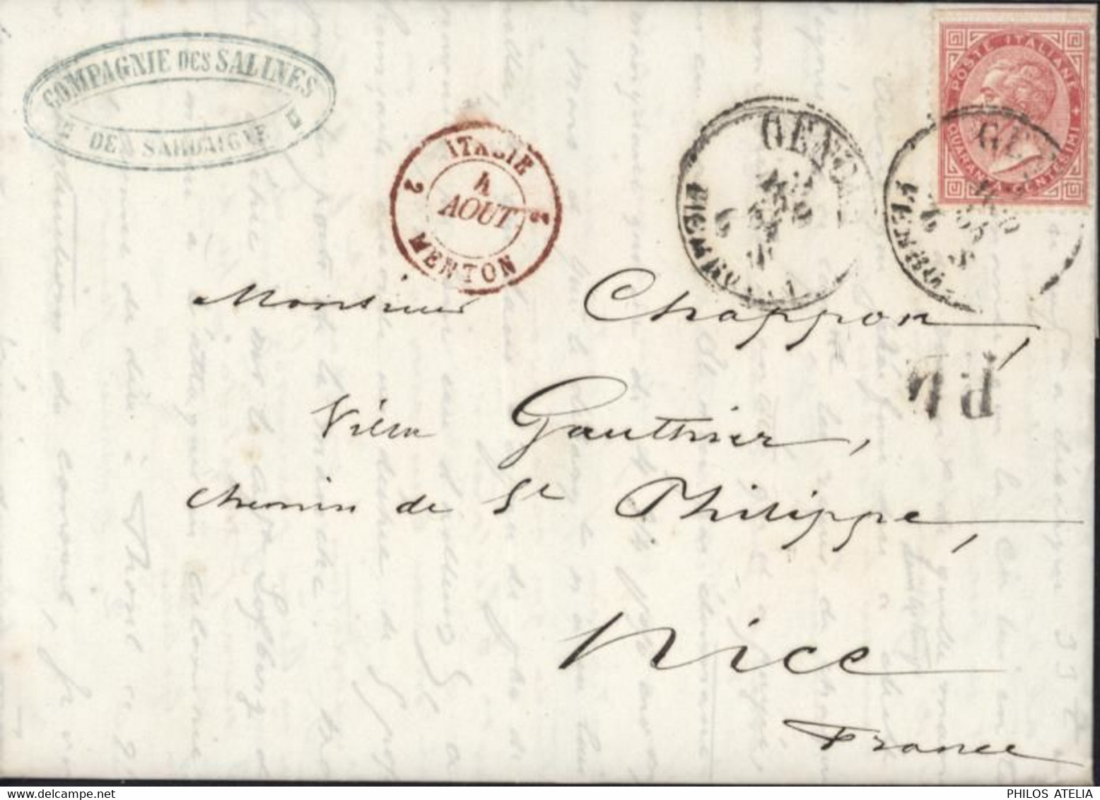 Compagnie Des Salines Sardaigne YT 19 Victor Emmanuel II CAD GENOVA 3 8 1864 Entrée Rouge Italie 2 Menton PD Port Dû - Marcophilie