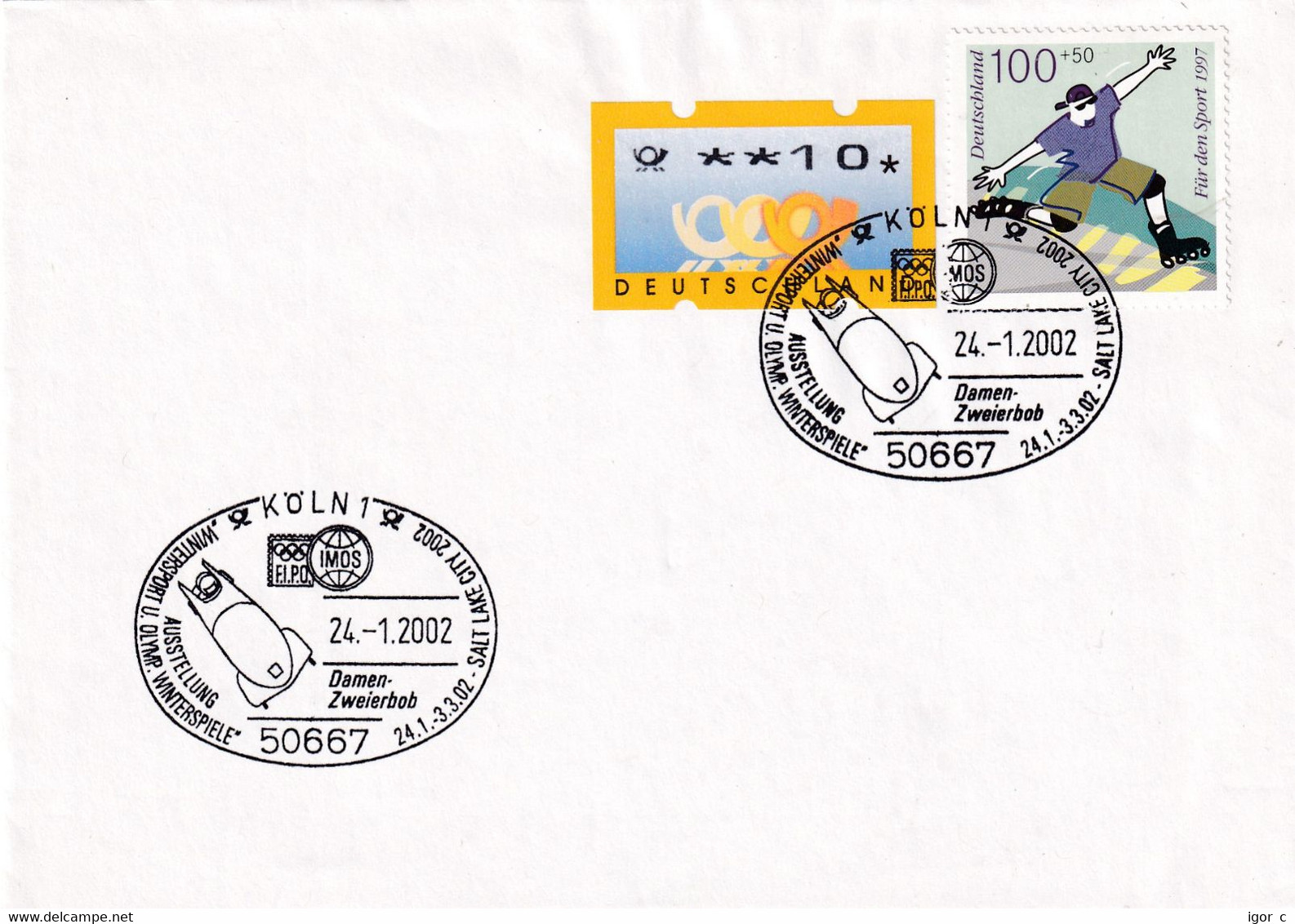 Germany 2002 Cover: Roller Skating Stamp; Olympic Games 2002 New Discipline - Women Bobsleigh; Frama Label - Winter 2002: Salt Lake City