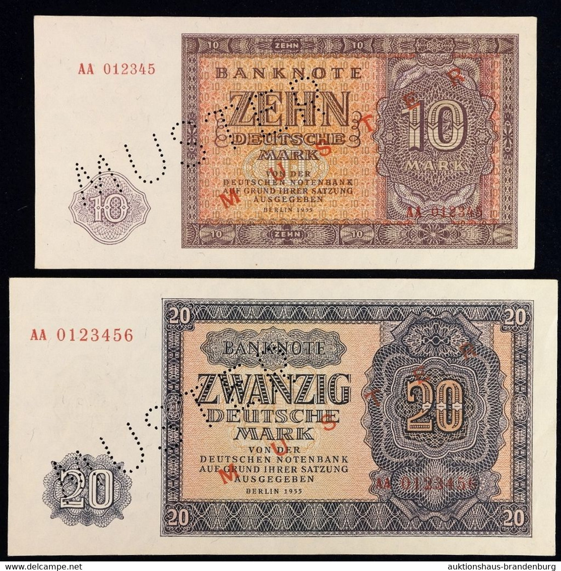 10 Und 20 Deutsche Mark Berlin DDR 1955 | MUSTERNOTEN | AA012345 + AA0123456 | DDR-12M1 + DDR-13M1 | Sehr Guter Zustand! - Sammlungen