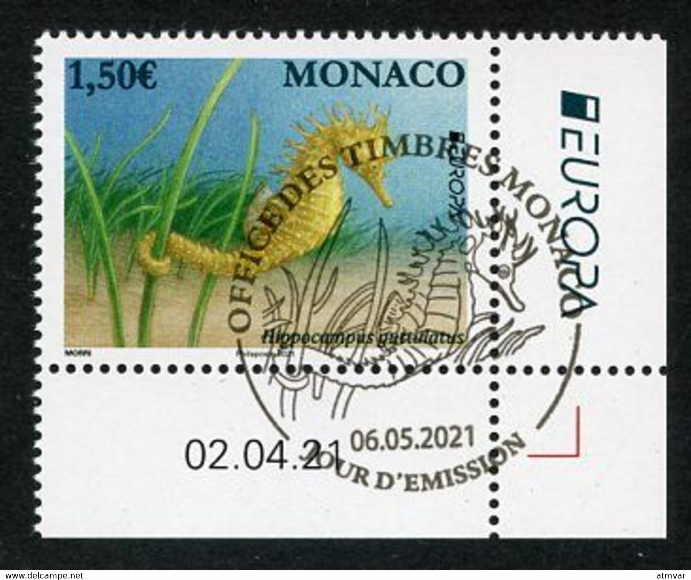 MONACO (2021) EUROPA 2021 Espèces Menacées, Hippocampe, Hippocampus Guttulatus, Seahorse - Coin Daté - Used Stamps