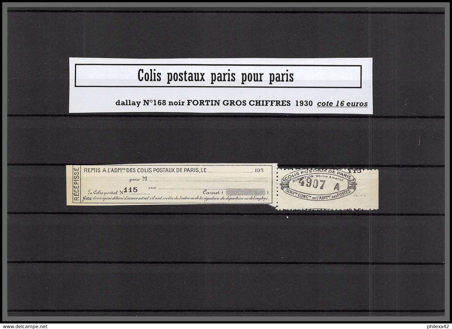 départ 1 euro Collection lot 1c - Colis postaux paris  cote + 700 euros dont bonnes valeurs tous differents 1890/1940