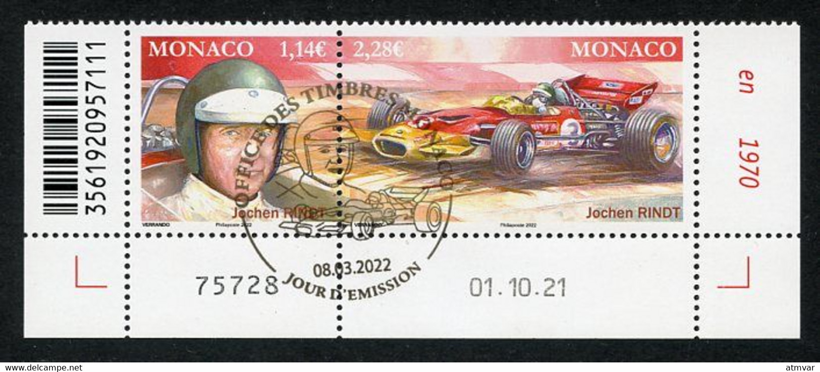 MONACO (2022) Pilotes Mythiques, Formula Formule 1, F1, Jochen Rindt (1942-1970), Grand Prix, Lotus 72 - Coin Daté - Oblitérés