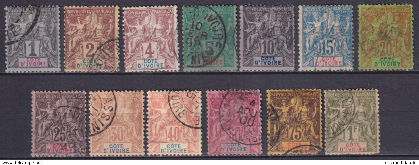 COTE D'IVOIRE - 1892 - GROUPE - SERIE COMPLETE YVERT N° 1/13 OBLITERE (N°12 DEFECTUEUX)  - COTE = 310 EUR. - - Gebraucht