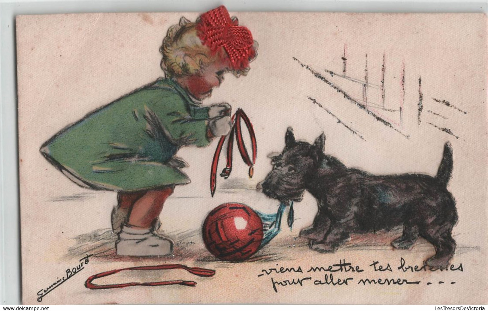 CPA Illustrateur Germaine Bouret - Fillette Qui Joue Avec Son Chien à La Balle - Chien Et Petite Fille En Relief - - Bouret, Germaine