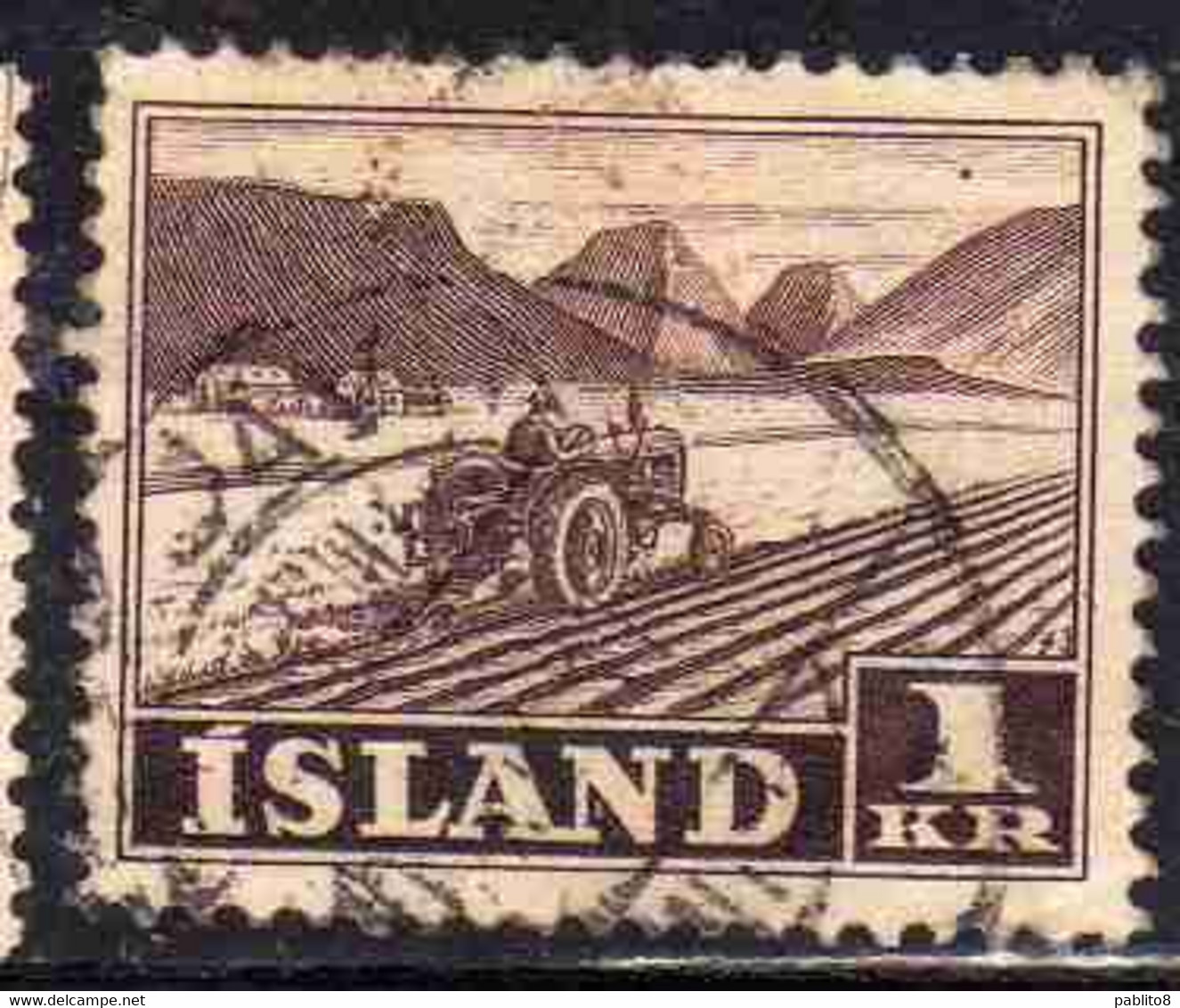 ISLANDA ICELAND ISLANDE 1950 1954 TRACTOR PLOWING 1k USED USATO OBLITERE' - Oblitérés