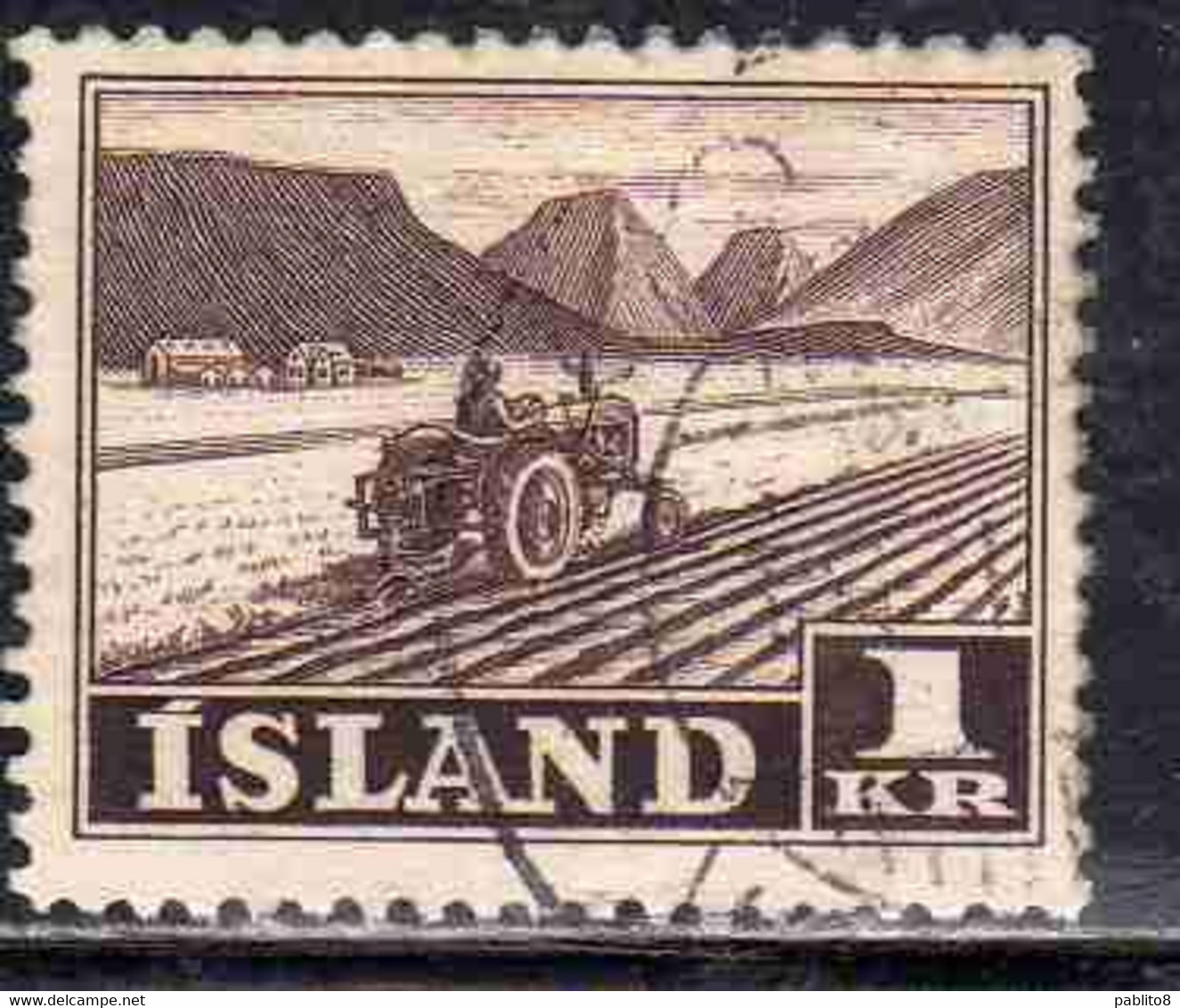 ISLANDA ICELAND ISLANDE 1950 1954 TRACTOR PLOWING 1k USED USATO OBLITERE' - Usati