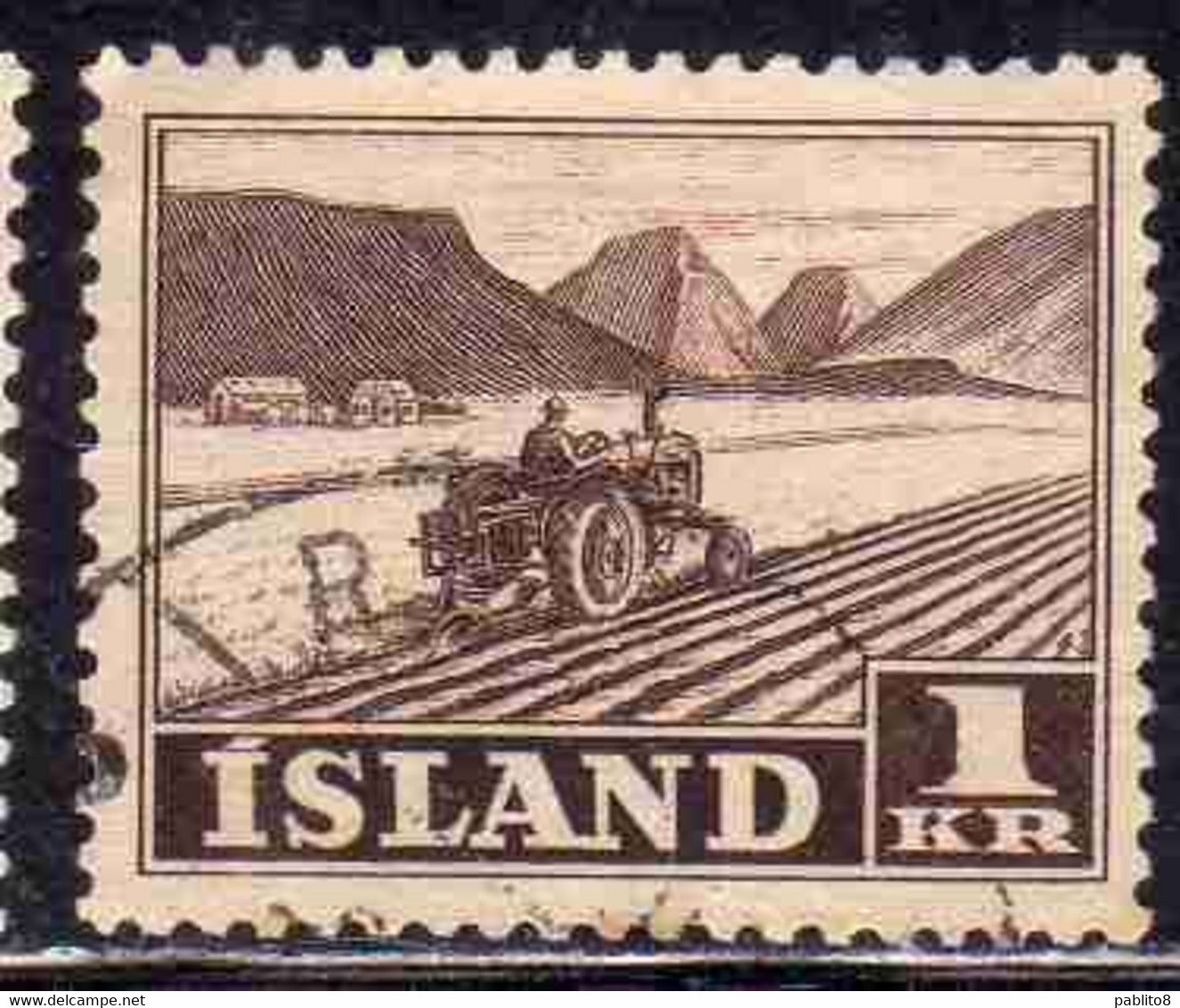 ISLANDA ICELAND ISLANDE 1950 1954 TRACTOR PLOWING 1k USED USATO OBLITERE' - Oblitérés