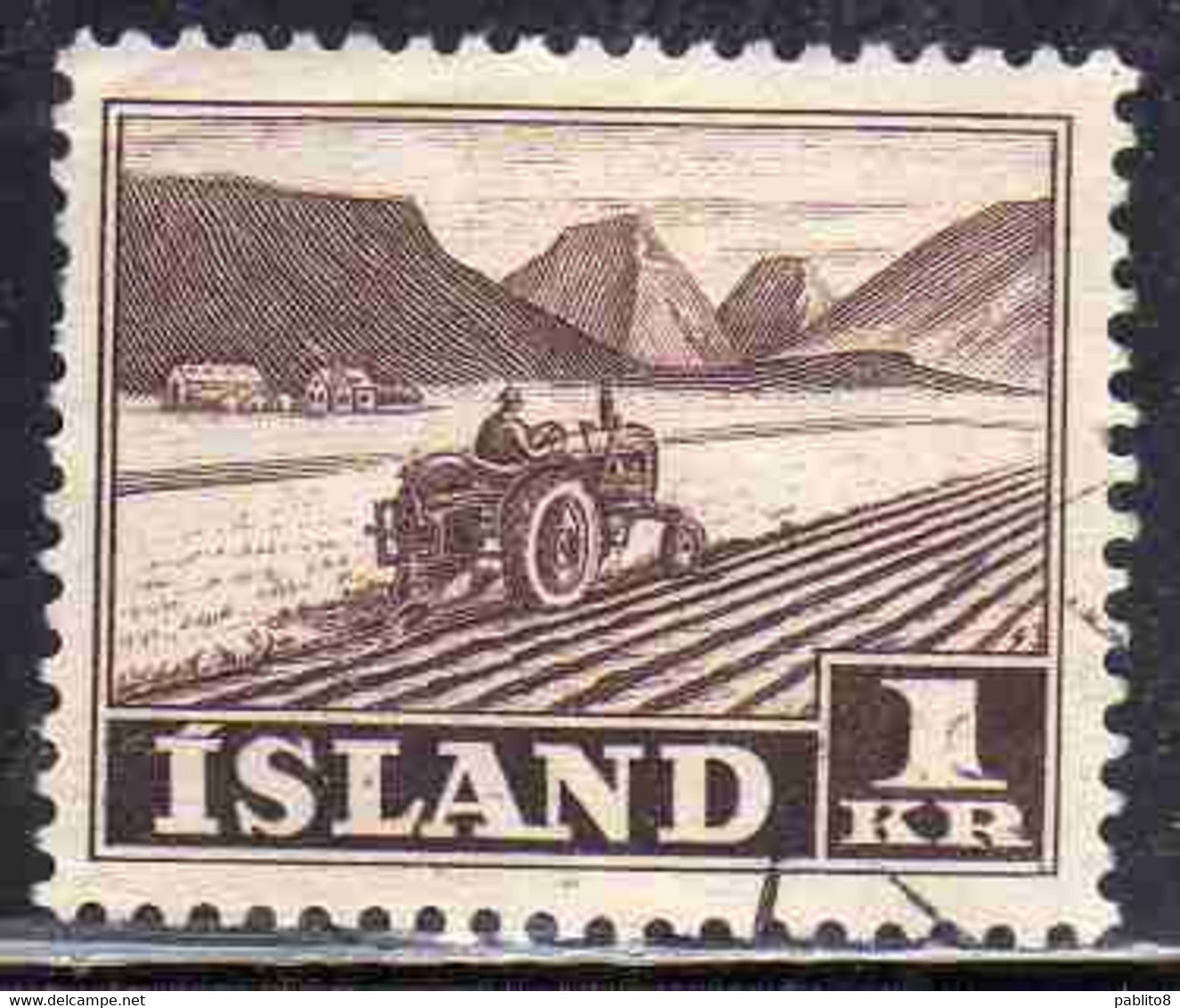 ISLANDA ICELAND ISLANDE 1950 1954 TRACTOR PLOWING 1k USED USATO OBLITERE' - Used Stamps