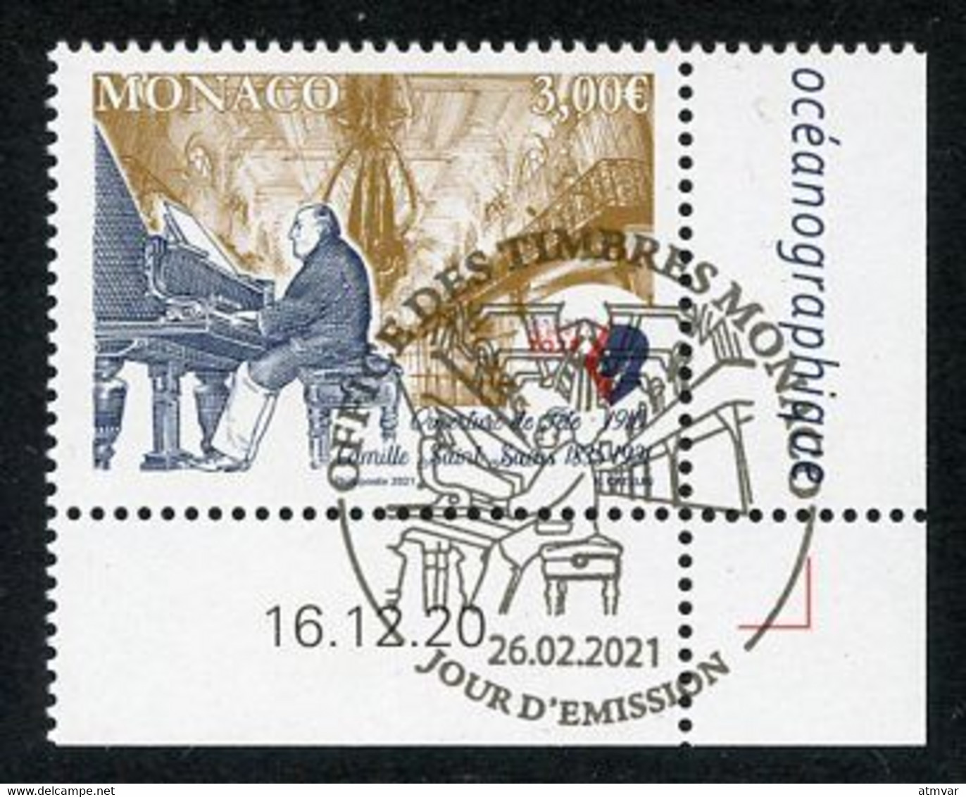 MONACO (2021) Centenaire Mort Camille Saint-Saëns (1835-1921), Compositeur, Ouverture De Fête, Piano, Music - Coin Daté - Oblitérés