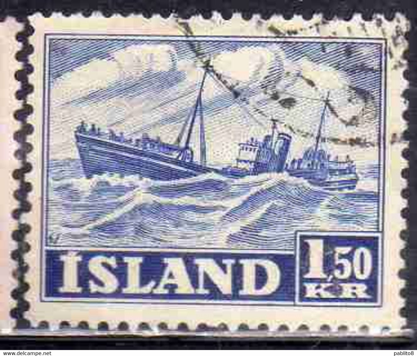 ISLANDA ICELAND ISLANDE 1950 1954 TRAWLER 1.50k USED USATO OBLITERE' - Used Stamps