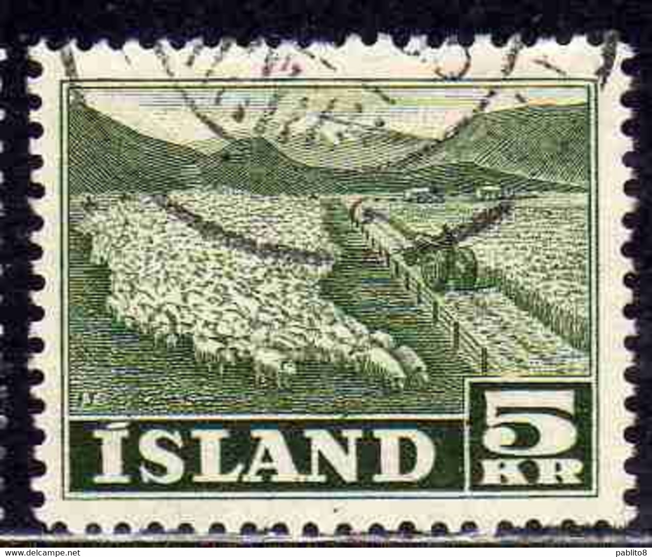 ISLANDA ICELAND ISLANDE 1950 1954 FLOCK OF SHEEP 5k USED USATO OBLITERE' - Used Stamps