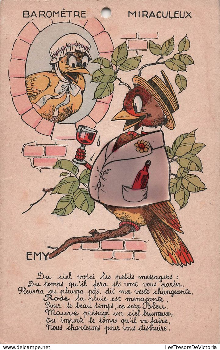 CPA Baromètre Miraculeux - Oiseaux Habillés Avec Un Verre De Vin - Emy - Animali Abbigliati