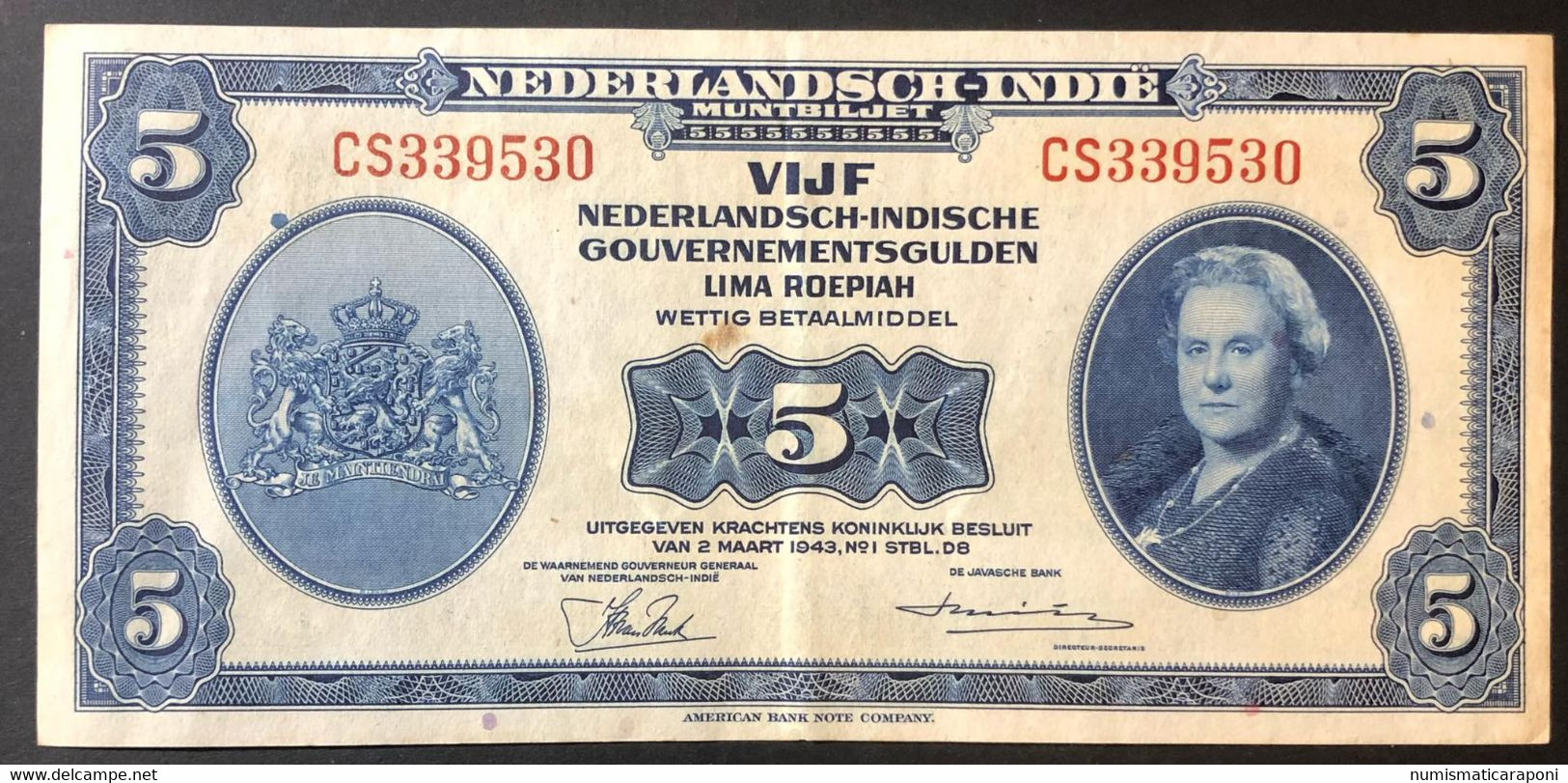 Netherland Indie Paesi Bassi Olanda (Indonesia) 1943 PICK 113a 5 GULDEN  REGINA GUGLIELMINA  WWII  LOTTO.1612 - Indes Néerlandaises