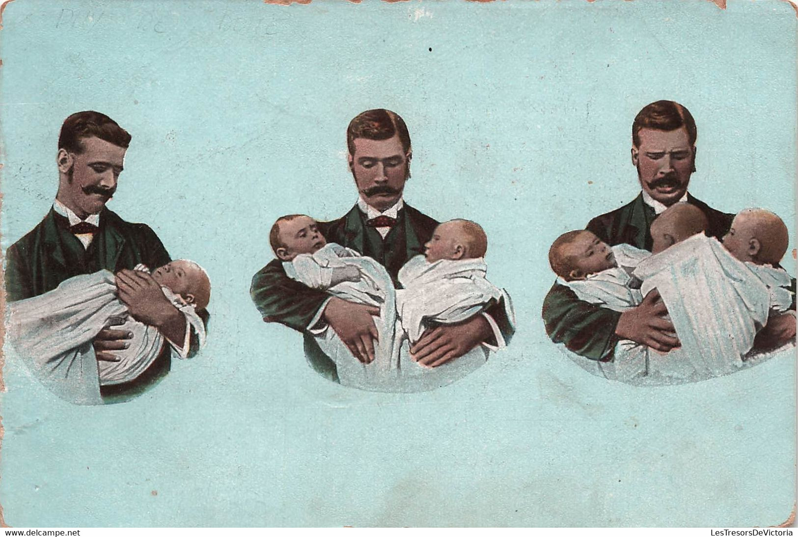 CPA Humour - Un Homme Avec Un Enfant Heureux - Jumeaux Inquiet - Triplet Apeuré - Papa Débordé - 1910 - Humor