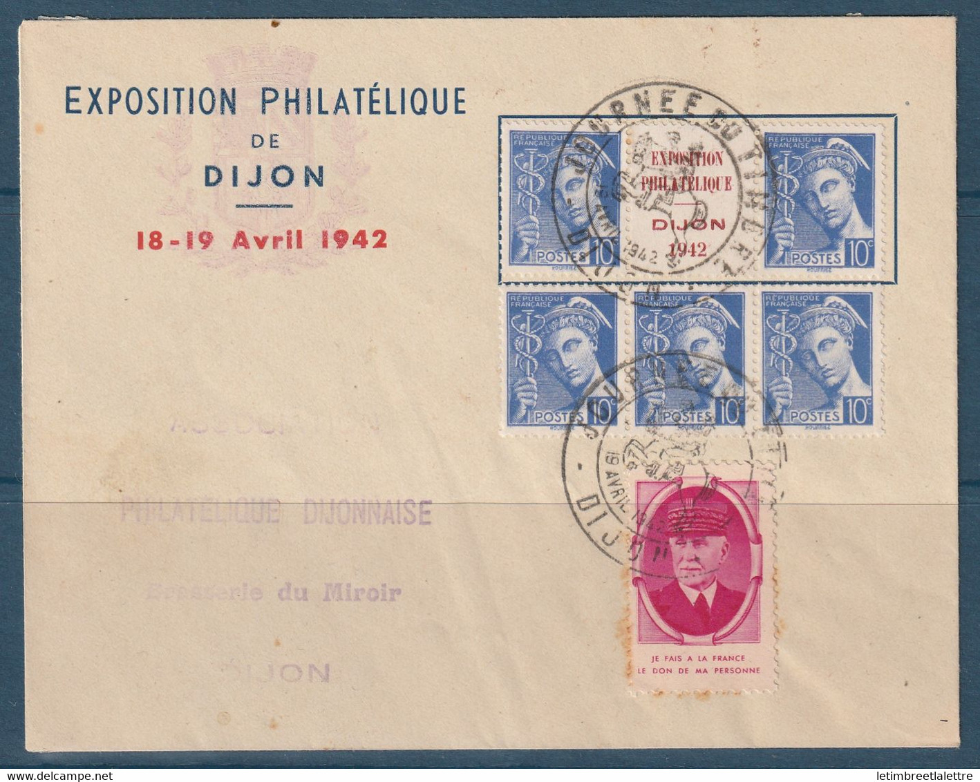 ⭐ France - Exposition Philatélique De Dijon En Avril 1942 - Avec En Triptyque Sur Mercure Et Vignette Pétain ⭐ - 1921-1960: Période Moderne