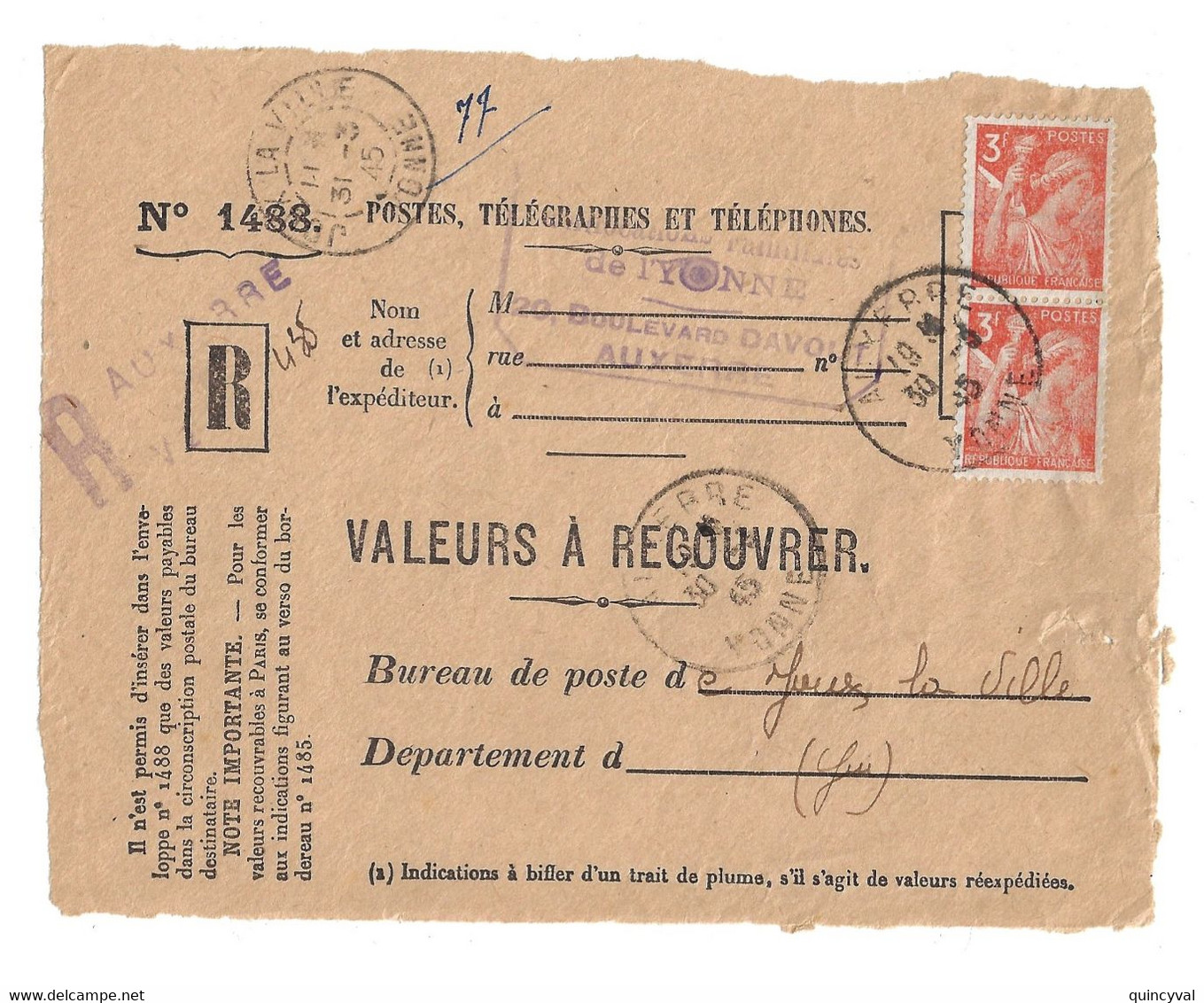 AUXERRE Yonne Valeurs à Recouvrer N° 1488 Iris 3 F Yv 655 Tf 31 03 1945  Dest Guillon Recommandé Provisoire Tampon - 1939-44 Iris