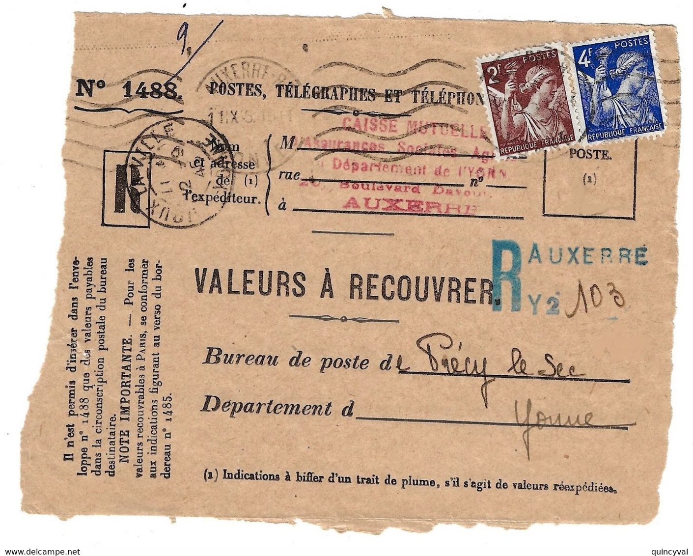 AUXERRE Yonne Valeurs à Recouvrer N° 1488 Iris 2 F Brun 4F Bleu Yv 653 656 Ob 1945  Dest Précy Le Sec Recommandé Tampon - 1939-44 Iris