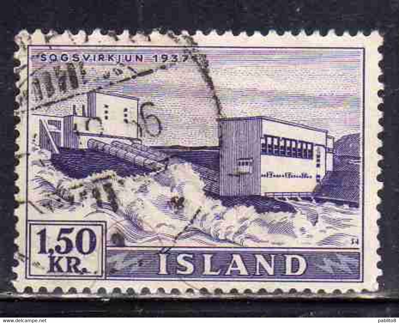 ISLANDA ICELAND ISLANDE 1956 WATERFALLS SOGS 1.50k USED USATO OBLITERE' - Poste Aérienne