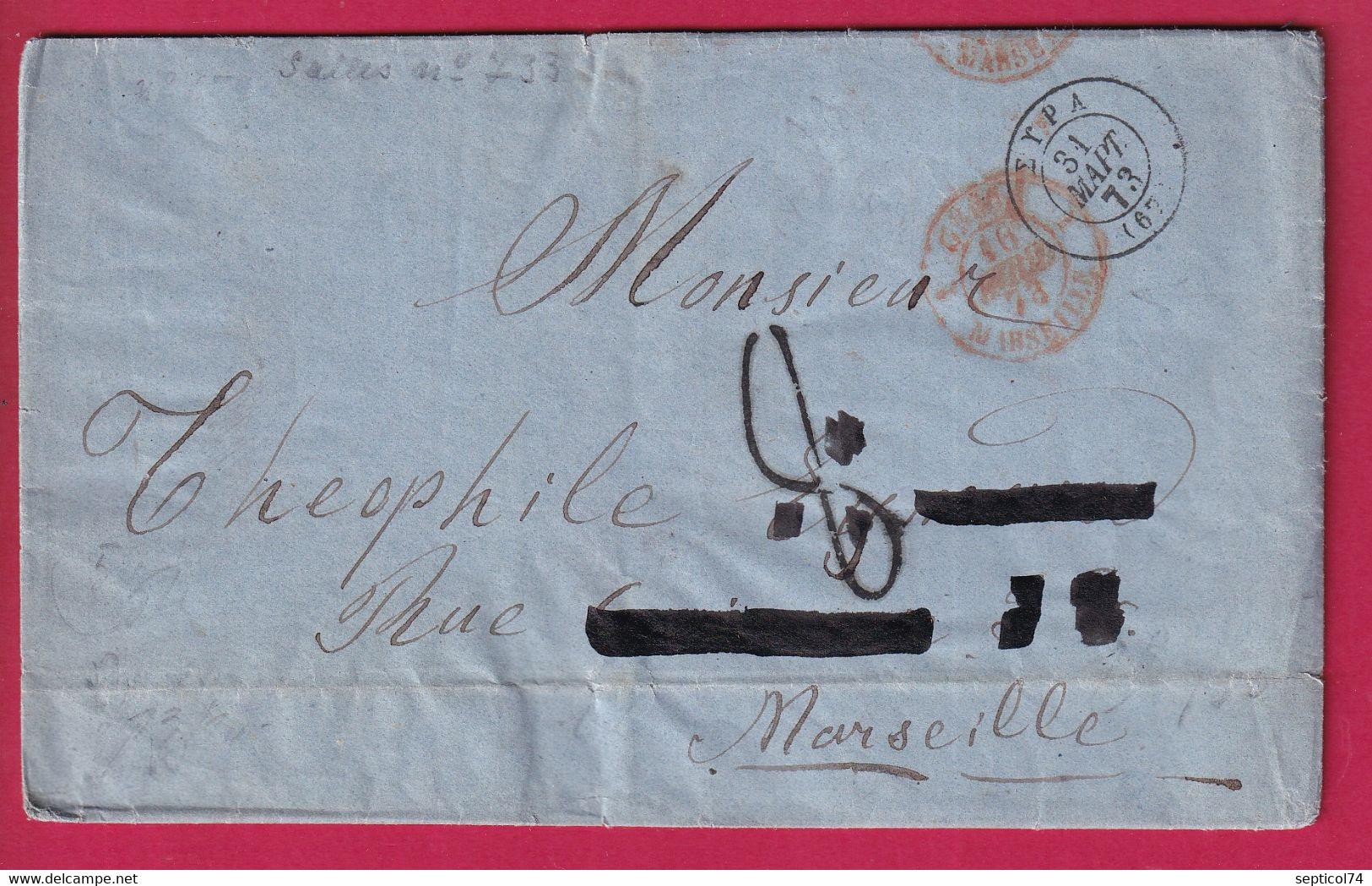 GRECE GREECE SYRA ILE DE SYROS 1873 POUR MARSEILLE TAXE TAMPON 8 LETTRE COVER - ...-1861 Prefilatelia