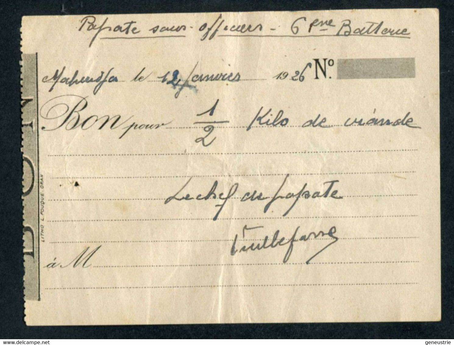 Jeton Monnaie Papier Coloniale 1926 - Camp De Mahiridja Au Maroc "Bon Pour 1/2 Kilo De Viande / Popote Sous-officiers" - Monétaires / De Nécessité