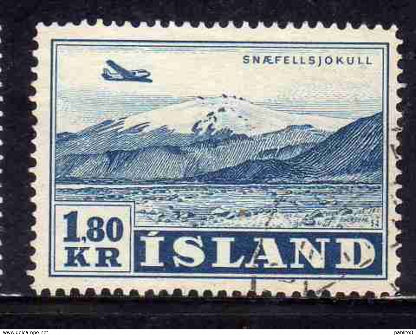 ISLANDA ICELAND ISLANDE 1952 AIR POST MAIL AIRMAL POSTA AEREA VIEWS SNAEFELLSJOKULL 1.80 K USED USATO OBLITERE' - Aéreo